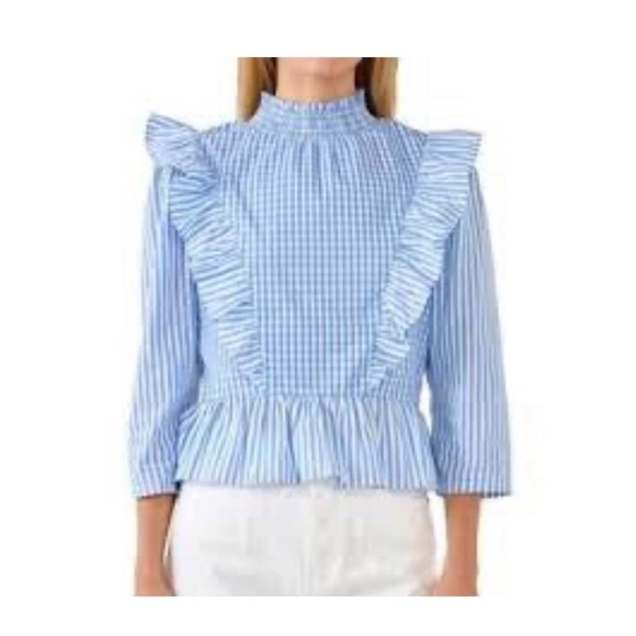 English Factory Tops - English Factory Blue Gingham Ruffle Blouse size M NWT